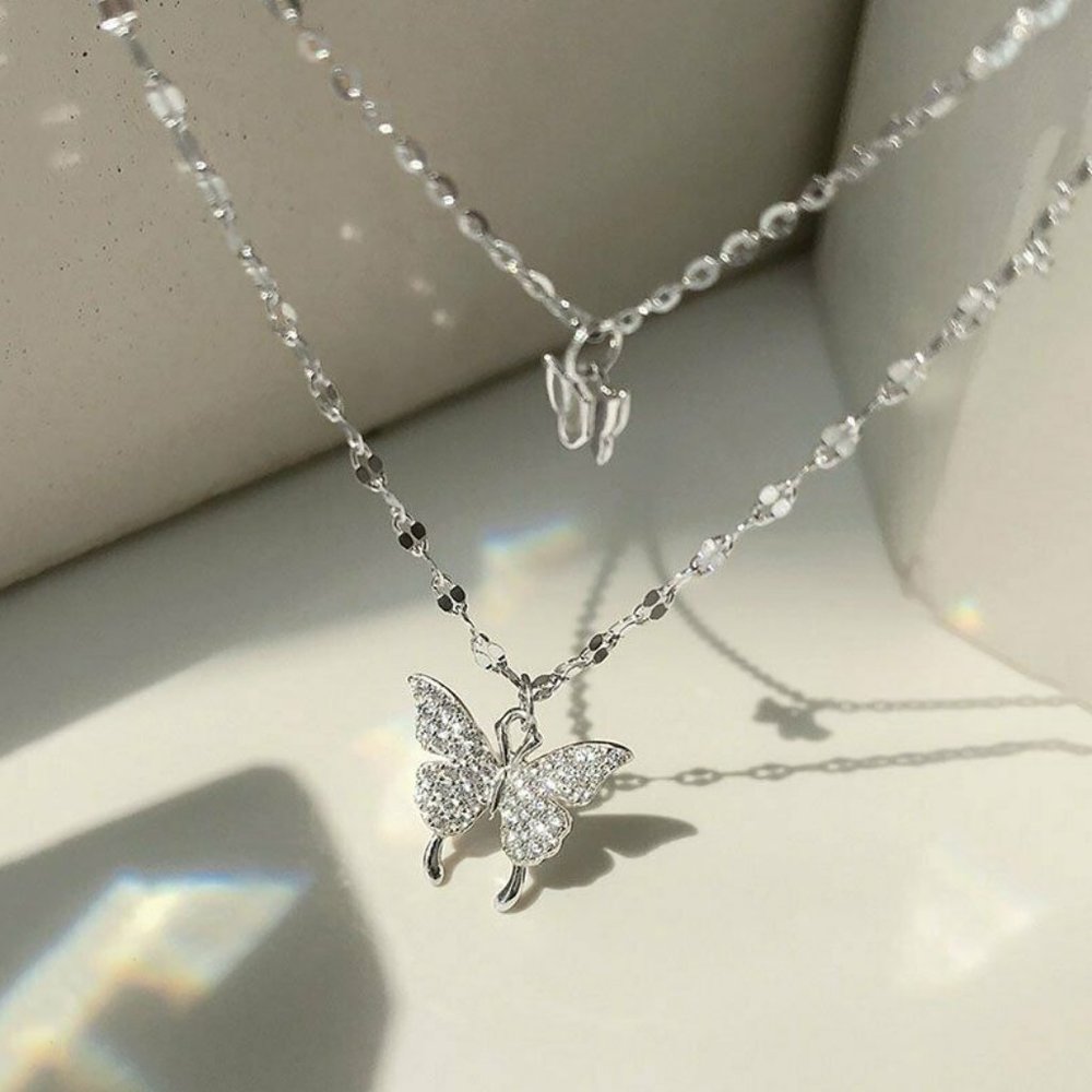 925 Silver Double Butterfly Zircon Necklace